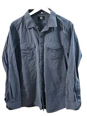 Rock & Republic Men's XL Blue White Striped Long Sleeve Button-Up Shirt Pockets